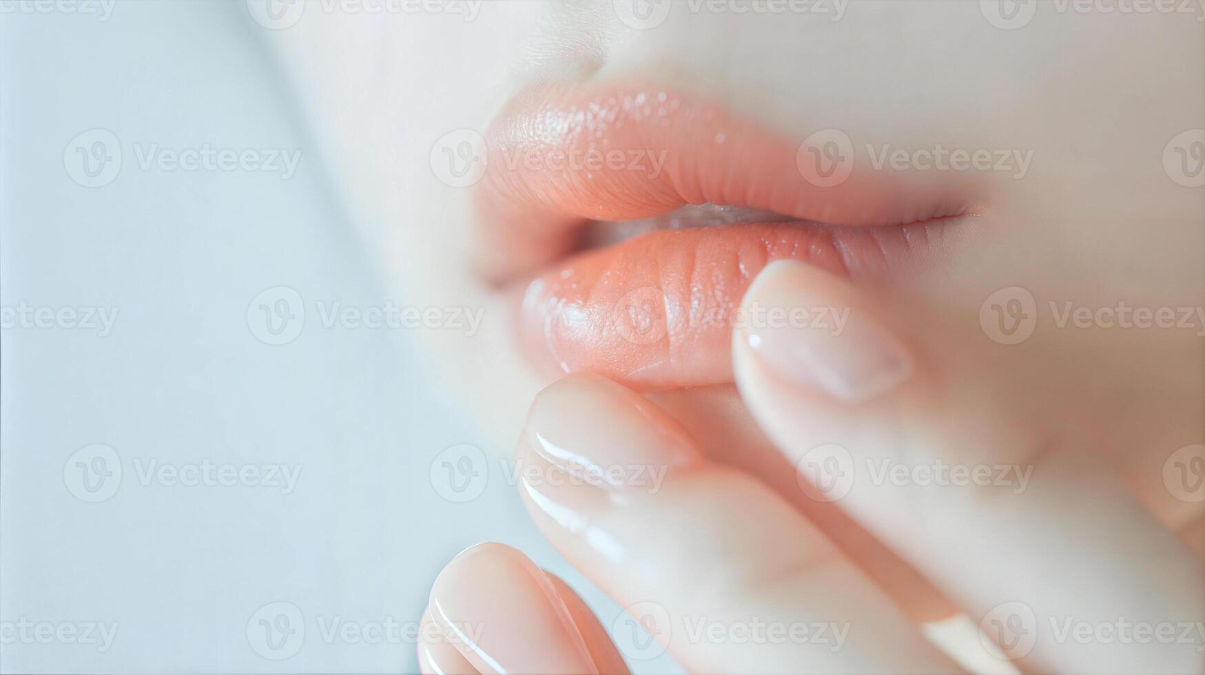 A close up of a woman's lips with a pink nail photo