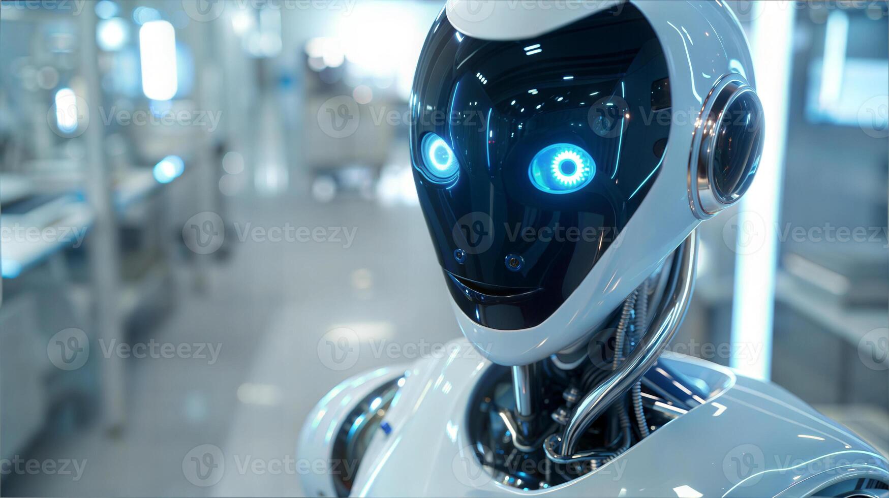 A robot with glowing eyes in a factory photo