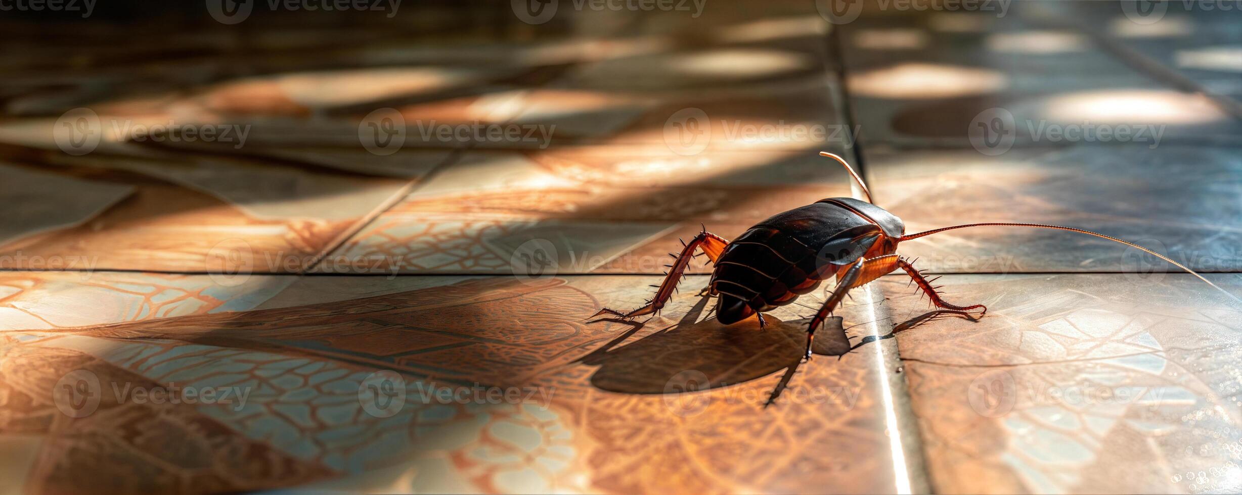 A cockroach on a tile floor in a room photo