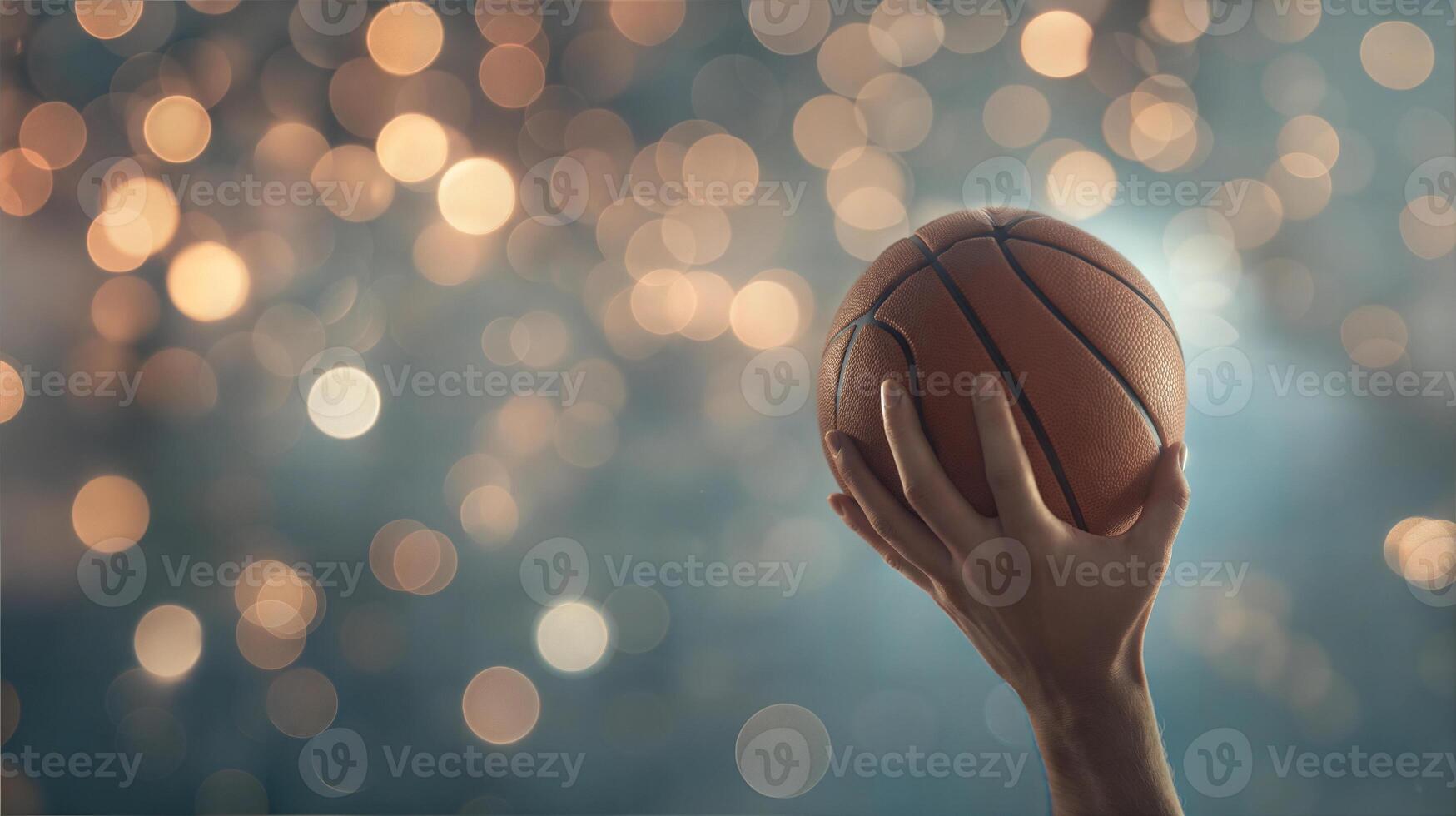 A hand holding a basketball ball in front of a blurry background photo