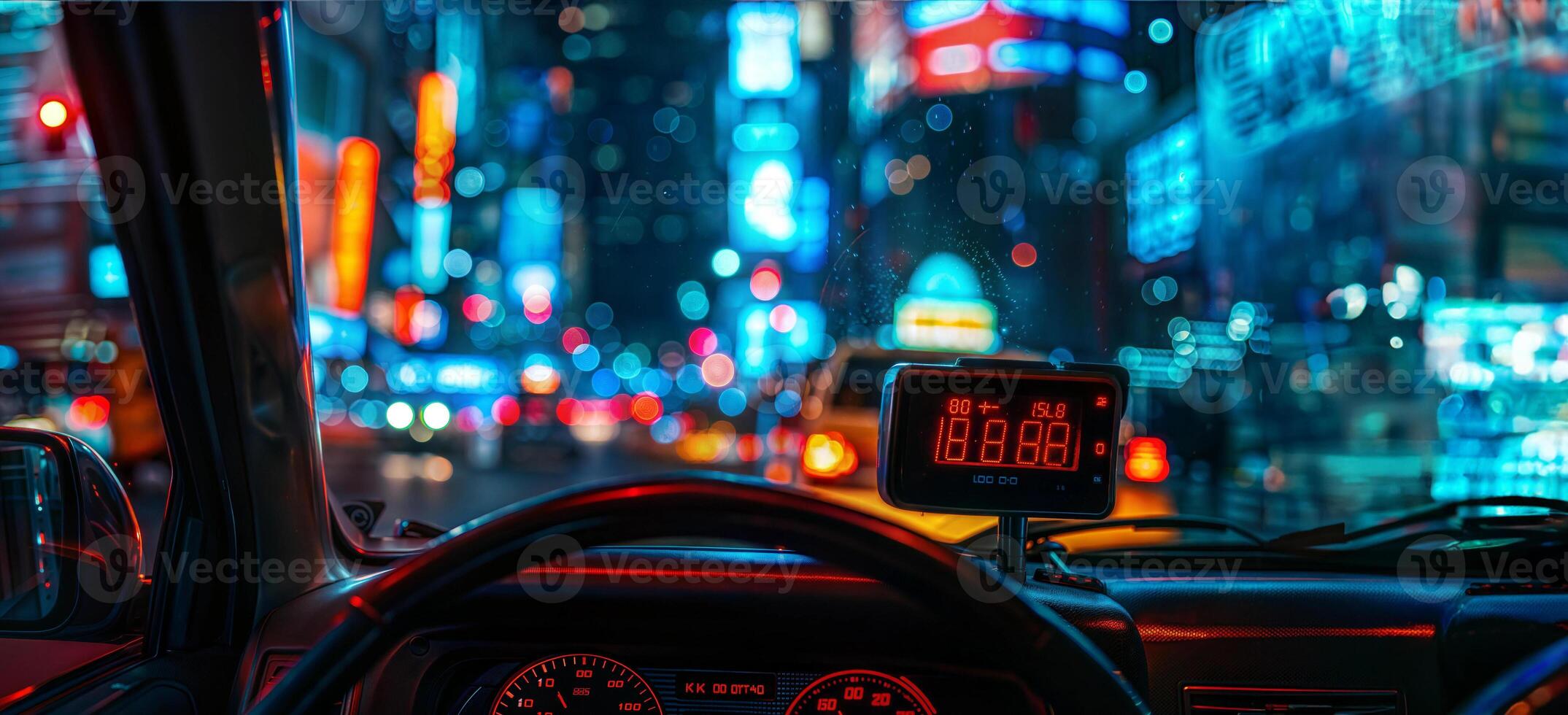 A car dashboard with a clock and a city view photo