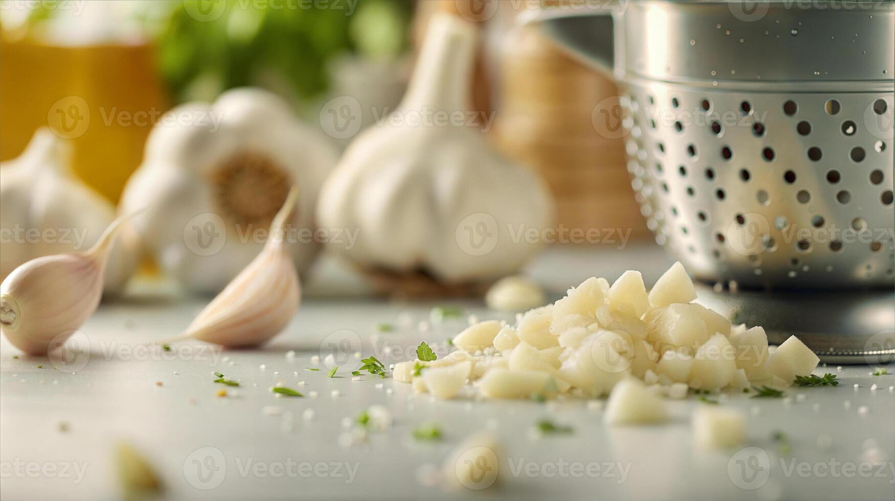 Garlic and garlic cloves on a counter photo