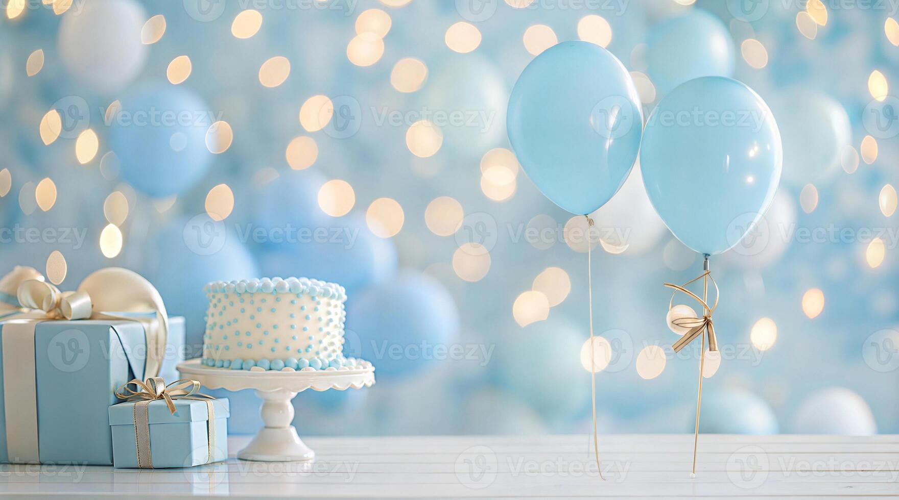 A blue cake with blue balloons photo