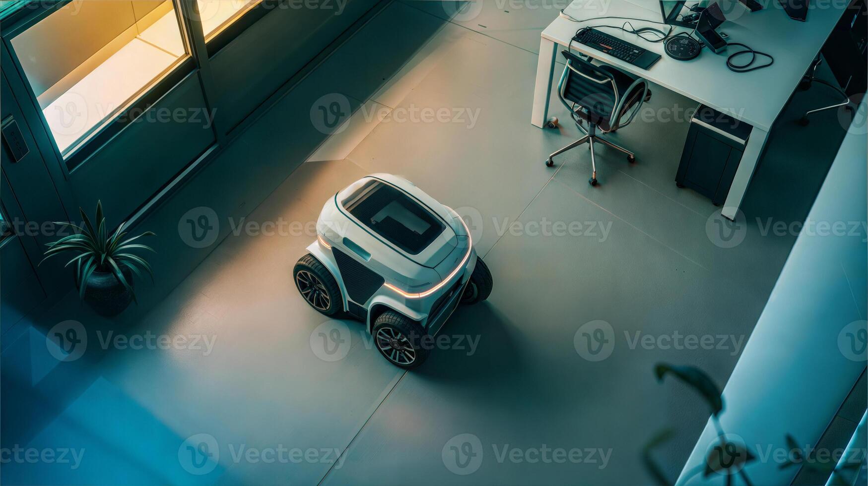 A robot is sitting on the floor in a room photo