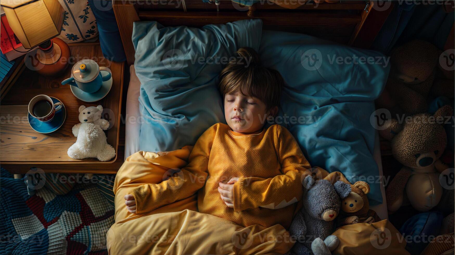 A little boy sleeping in bed with stuffed animals photo