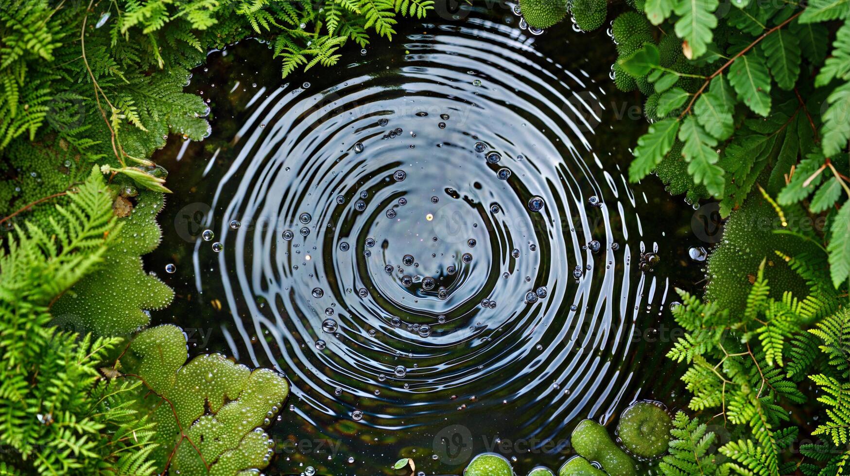 A circular pond surrounded by ferns and water photo