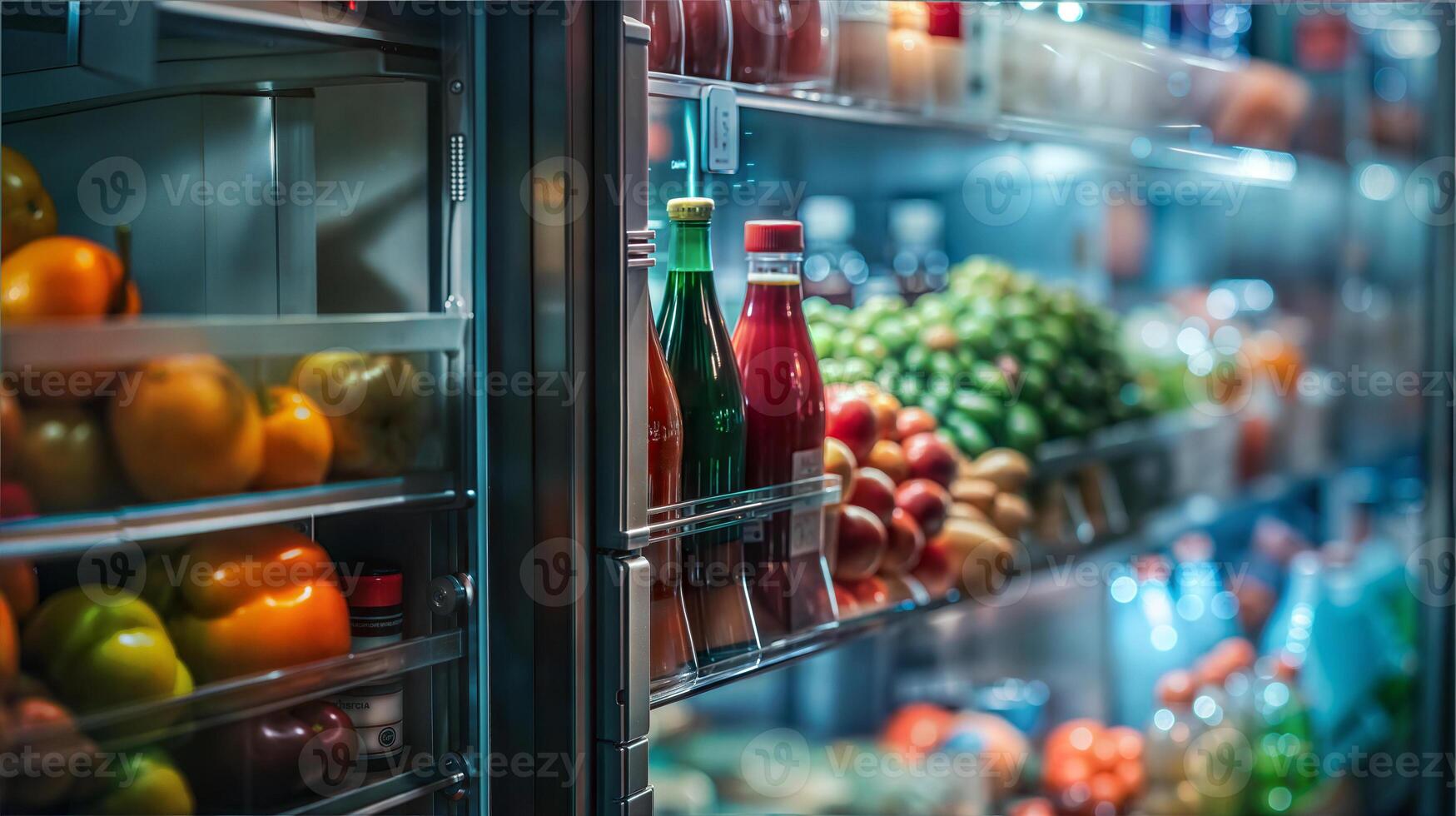 A refrigerator with many different types of food photo