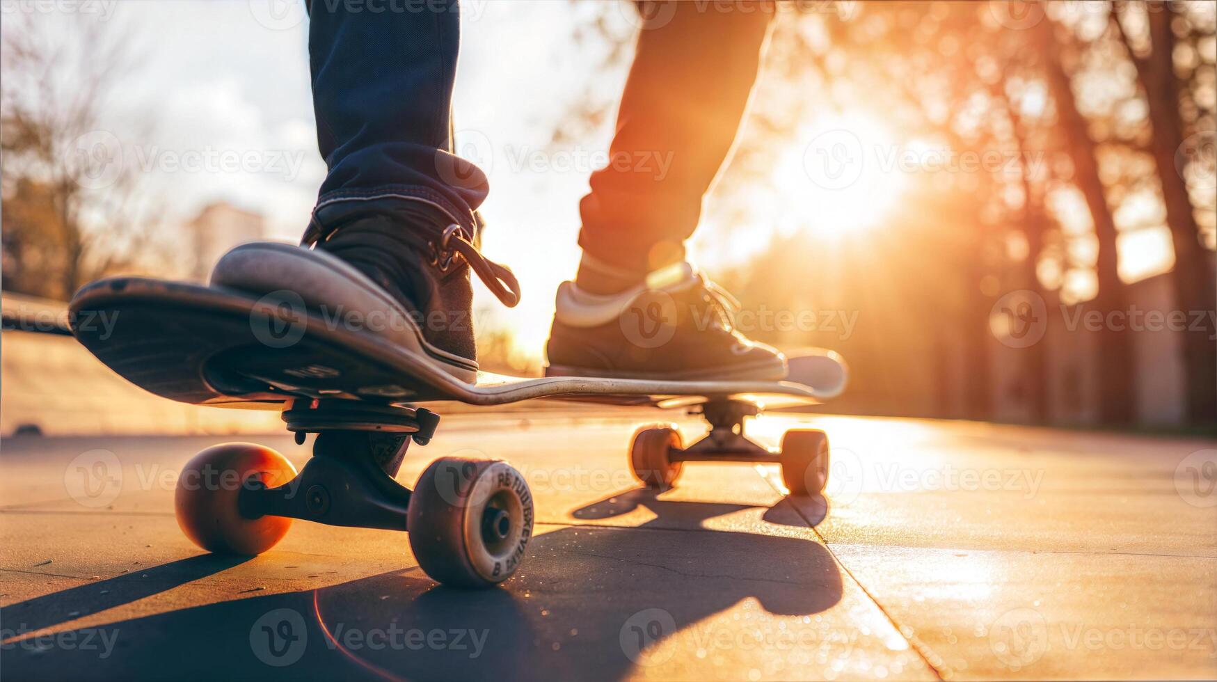 A person riding a skateboard on a concrete surface photo