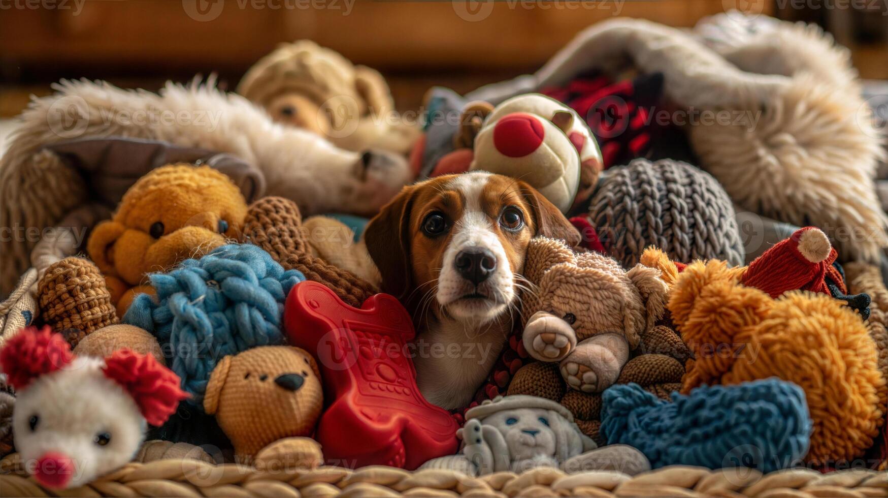 A dog is sitting in a basket full of stuffed animals photo