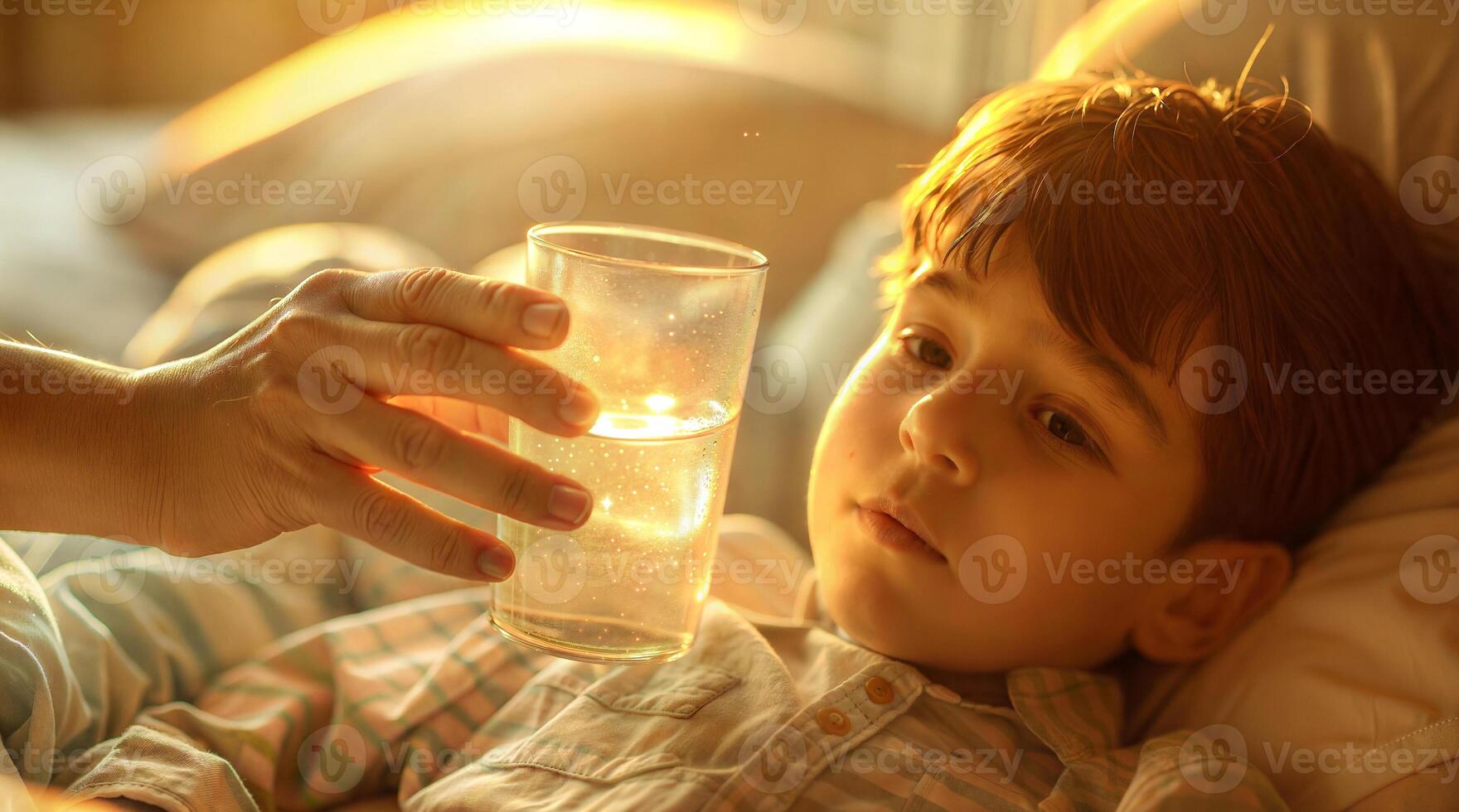 A child is drinking from a glass of water photo