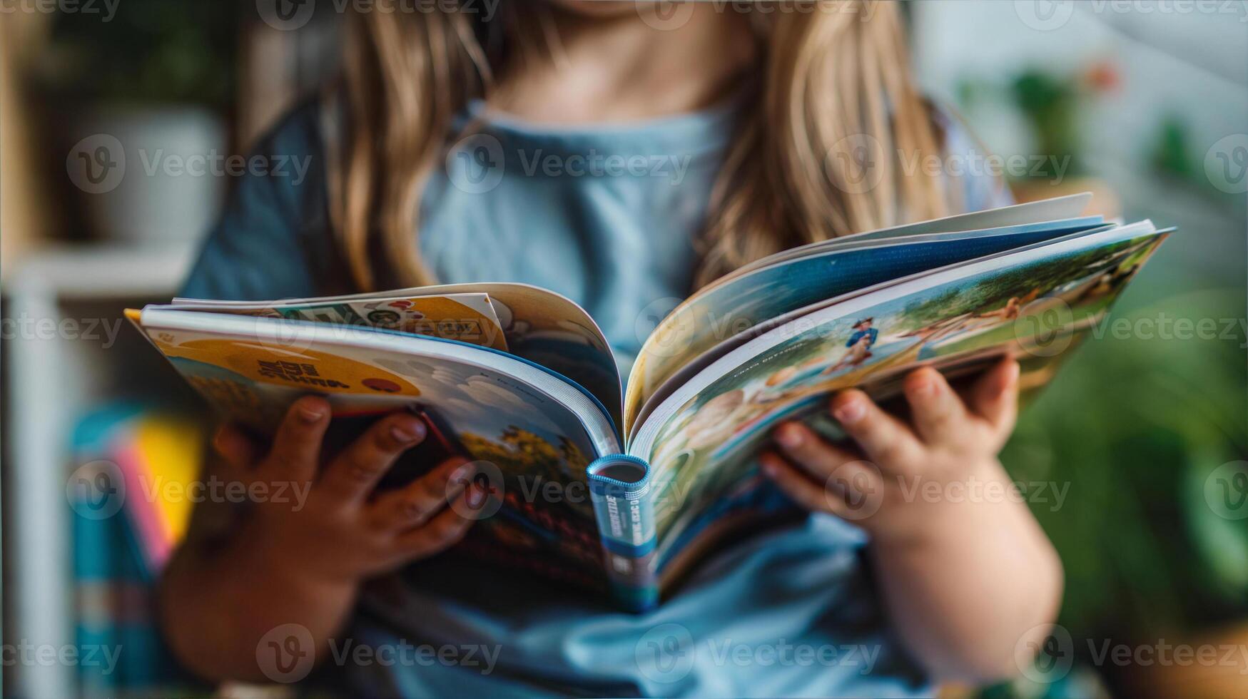 A girl is reading a book in front of a plant photo