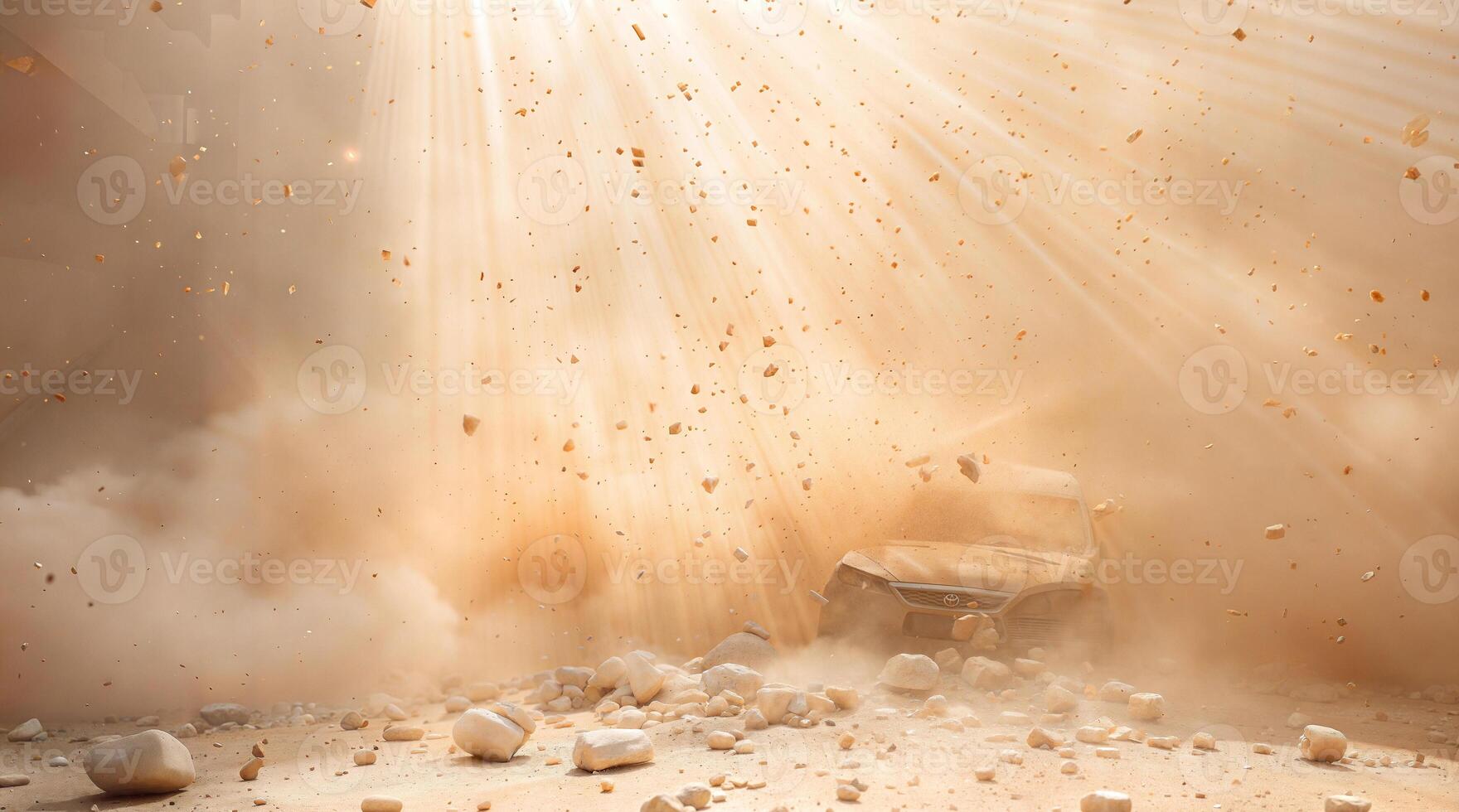 A truck is being blown up by a dust cloud photo