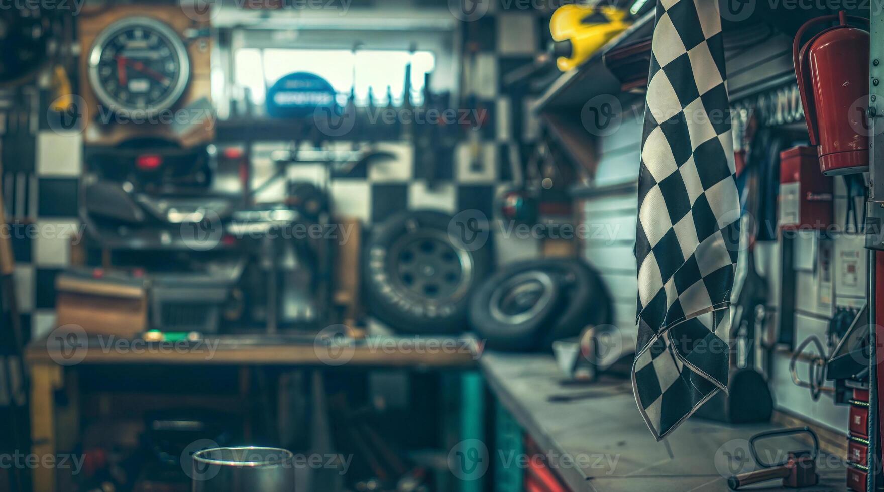 A garage with a checkered flag hanging on the wall photo