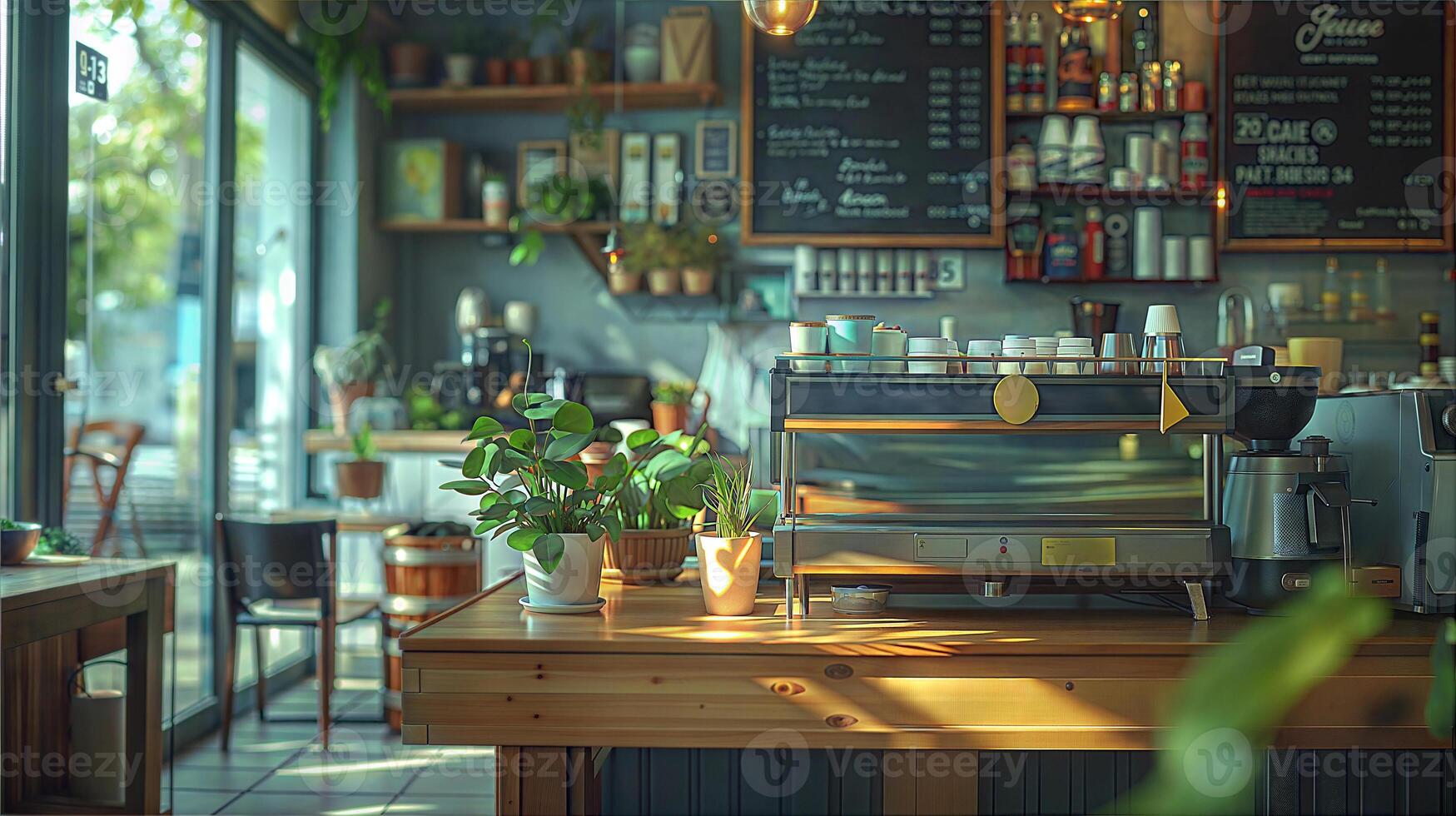A coffee shop with a table and chairs photo