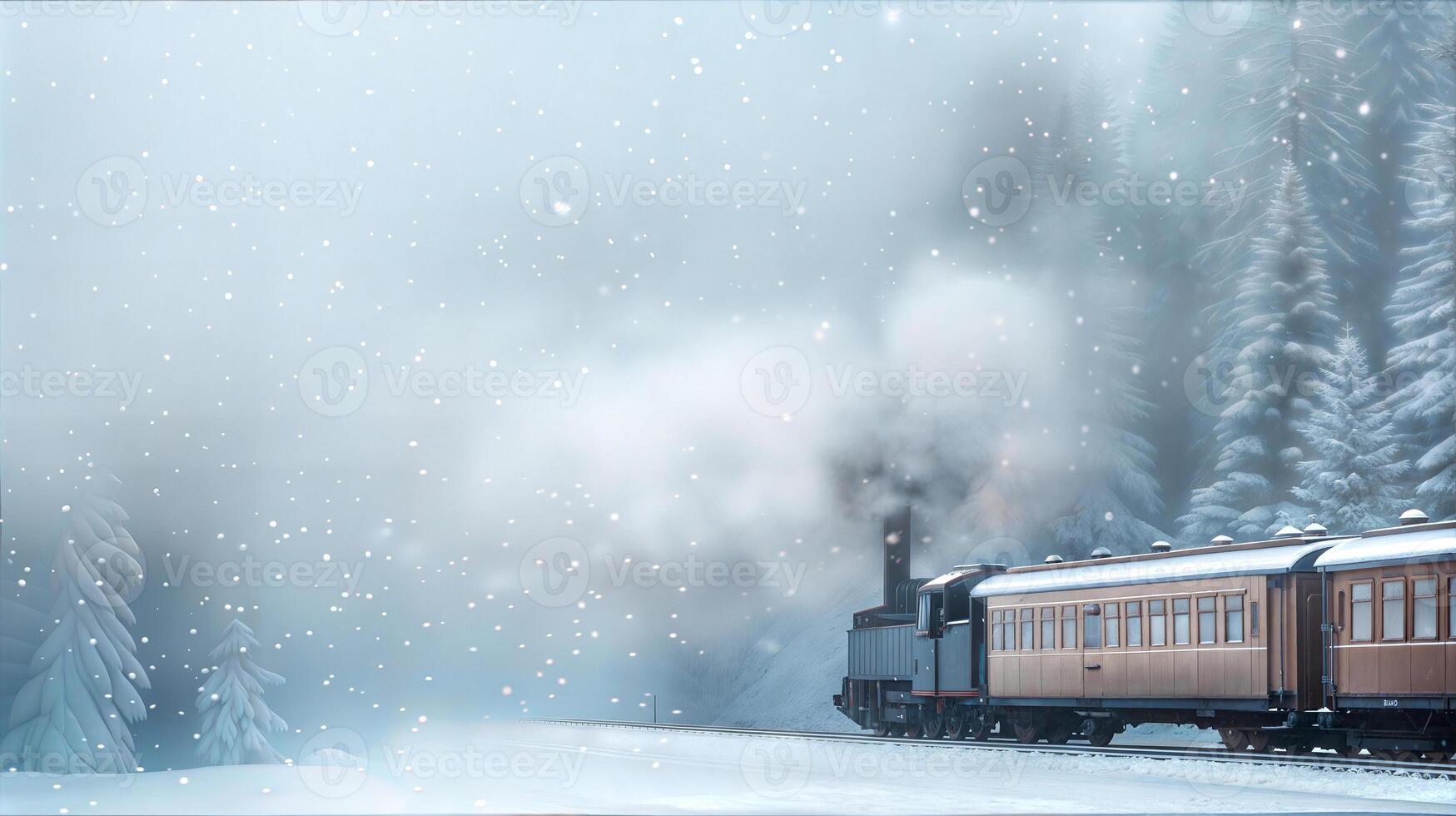A train is traveling through a snowy forest photo