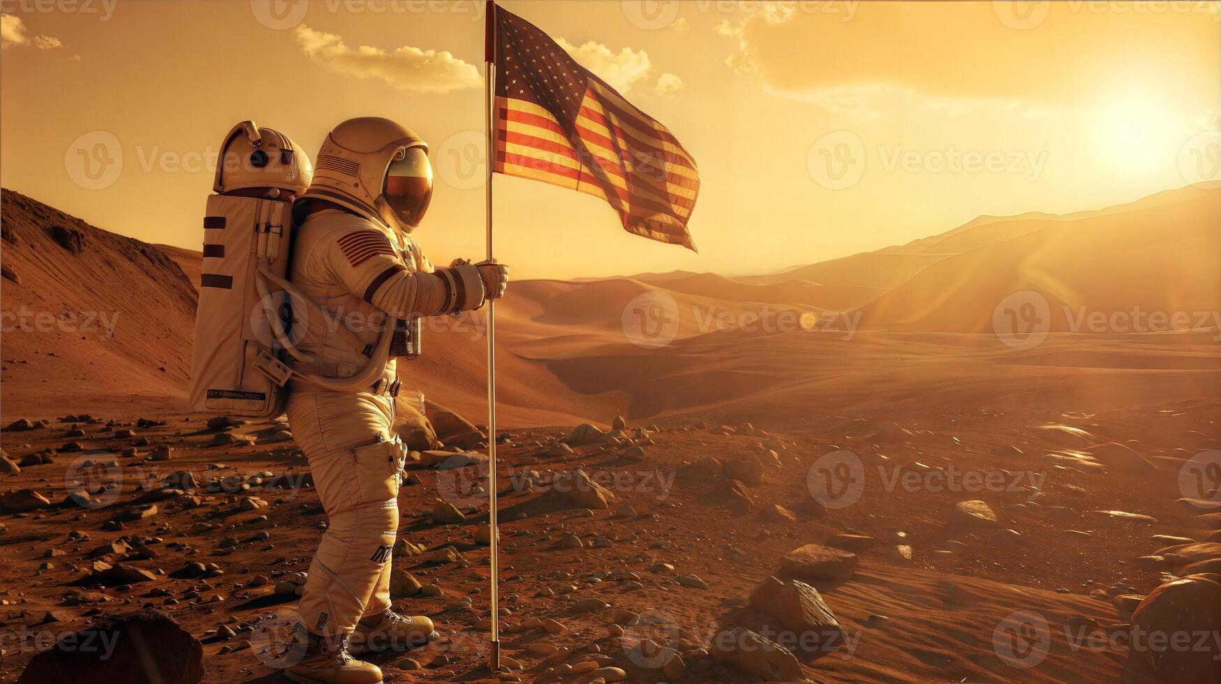 Astronaut on mars holding american flag photo