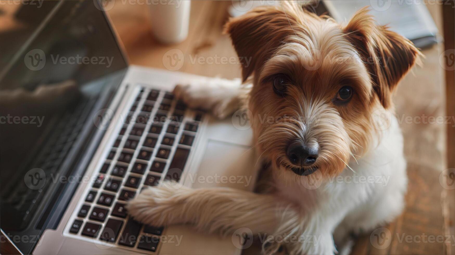 A dog sitting on a table with a laptop photo