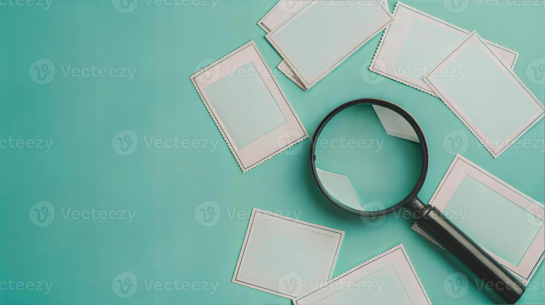 Magnifying glass and photos on turquoise background