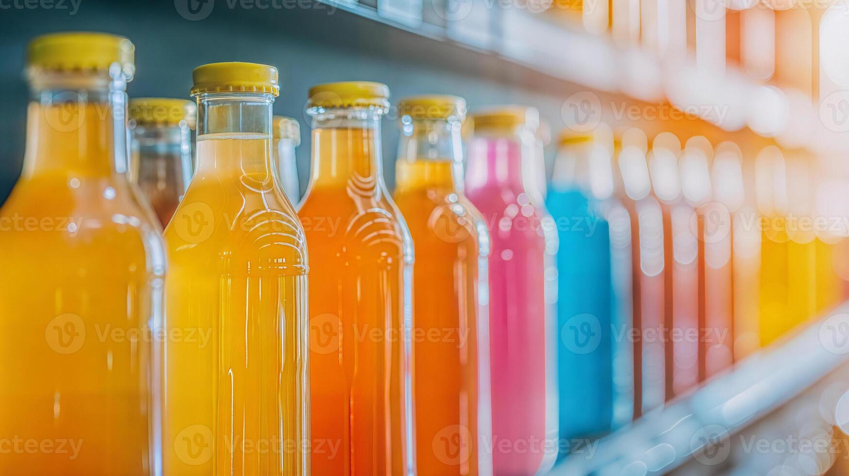 A row of colorful bottles of soda on a shelf photo