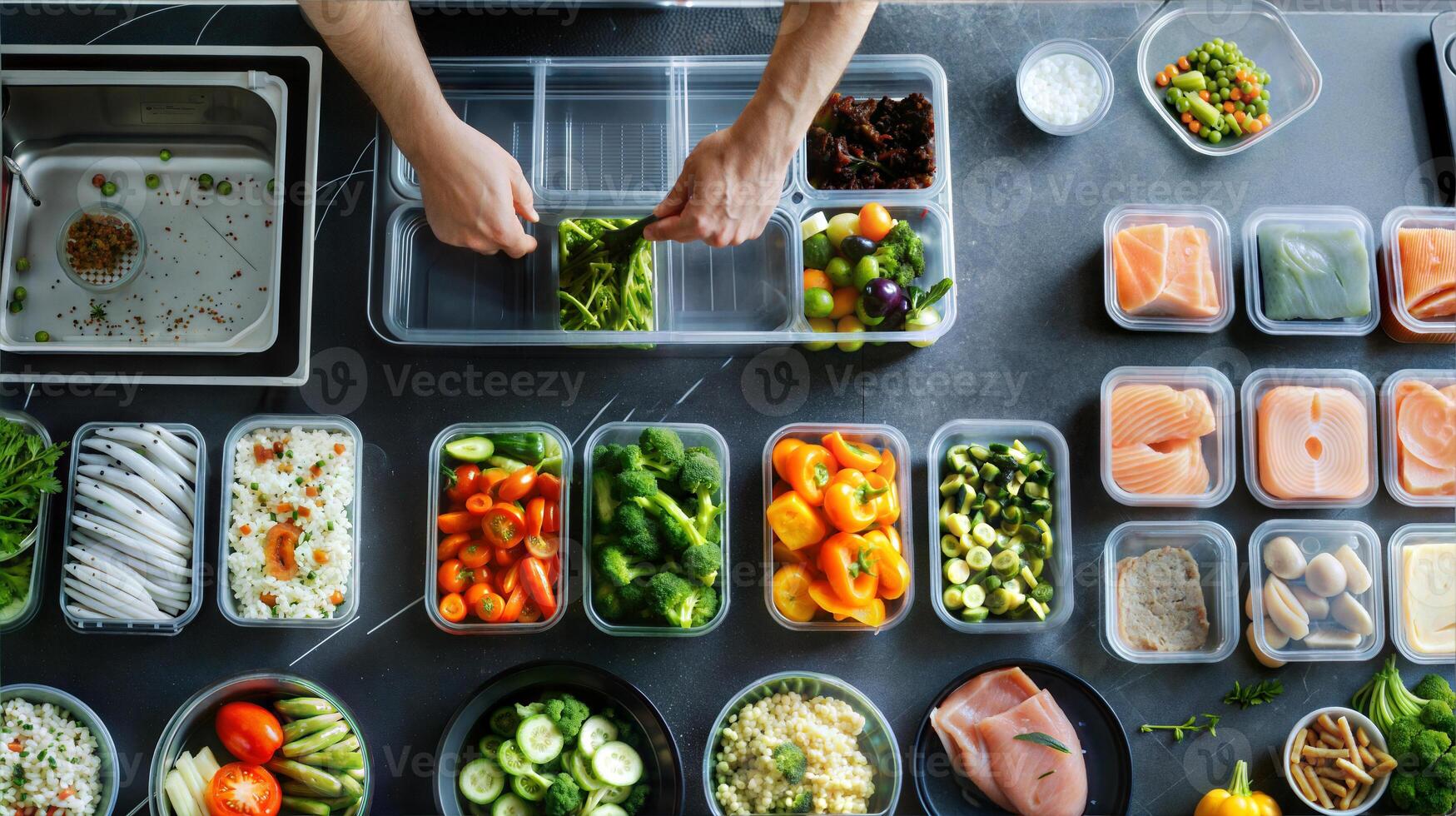 A person is preparing food in plastic containers photo