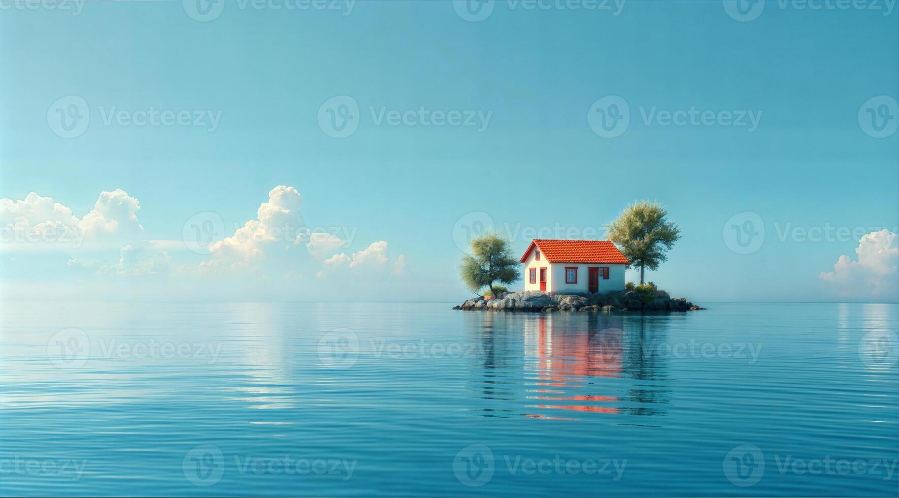 A small house on an island in the middle of the ocean photo