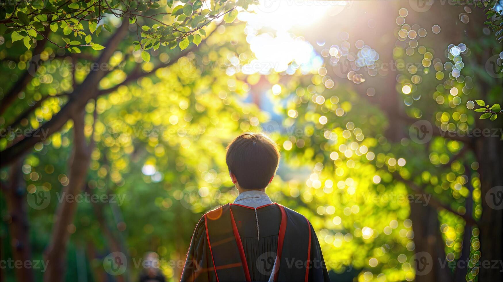 A person walking through a park with trees photo