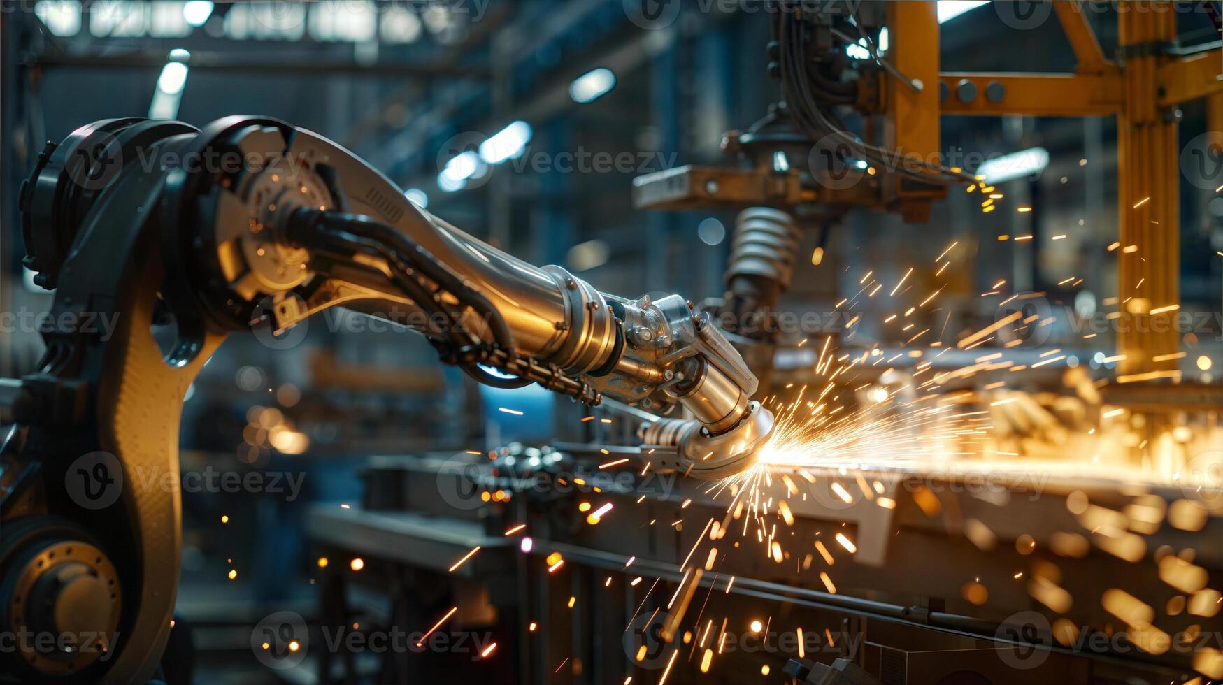 A robot welding in a factory with sparks photo