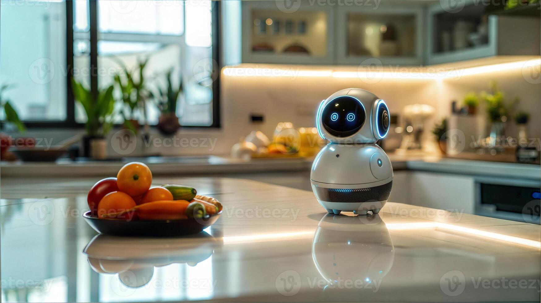 A robot is sitting on a counter in a kitchen photo