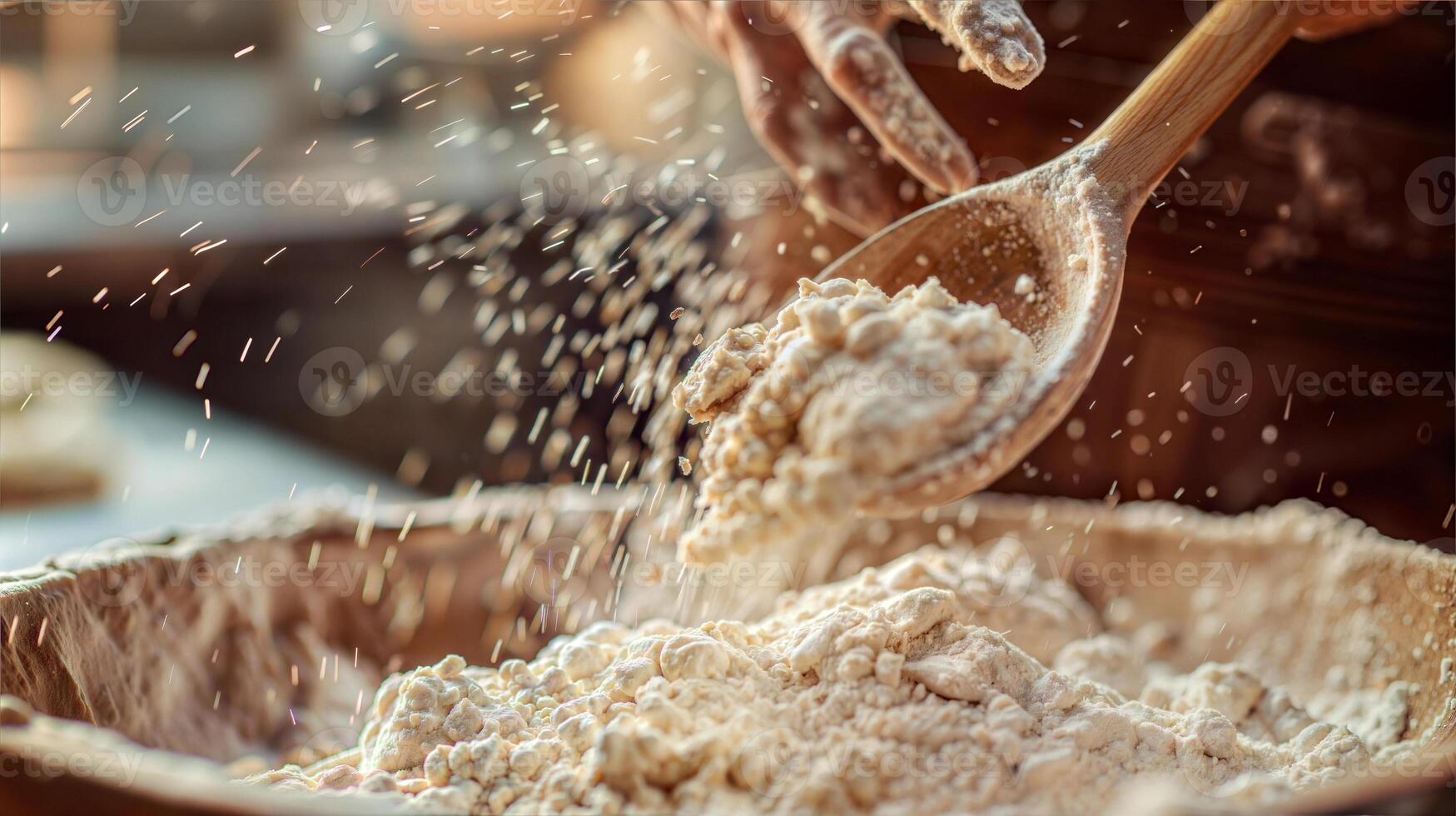 A person is mixing flour into a bowl photo