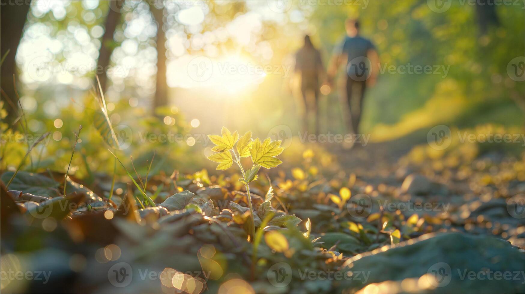 A couple walking through a forest with the sun shining photo