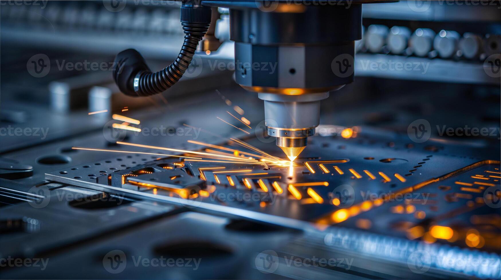 A machine is cutting metal with sparks photo