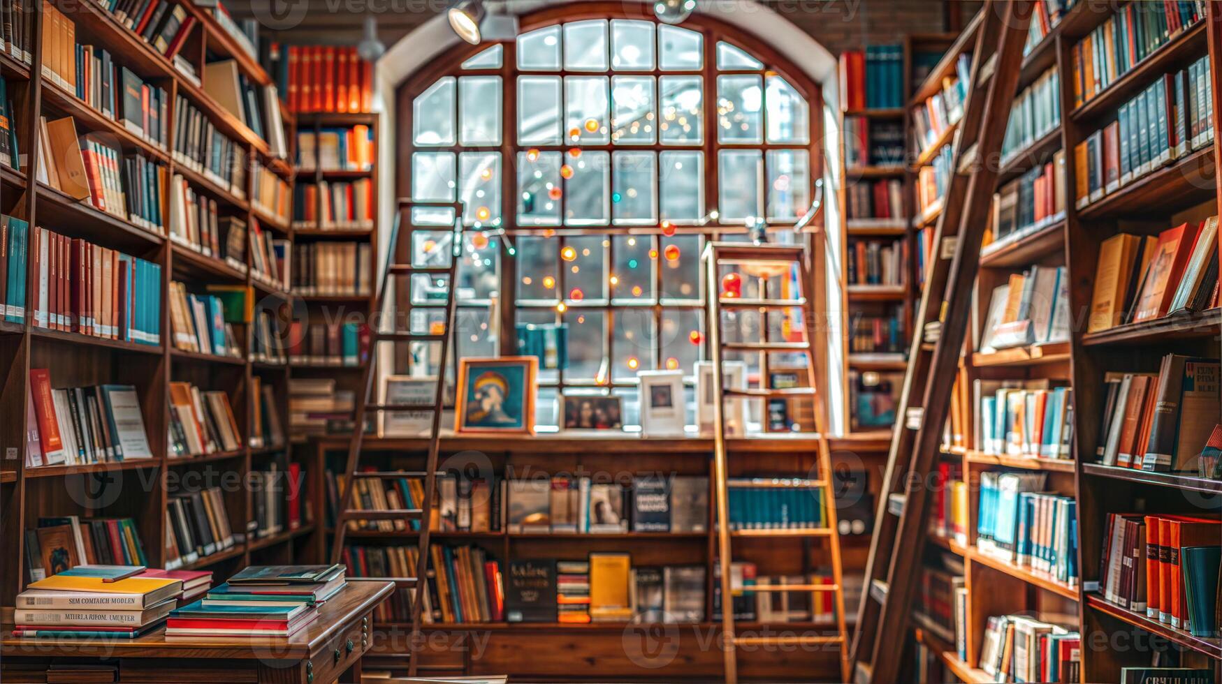 un biblioteca con libros y escaleras foto