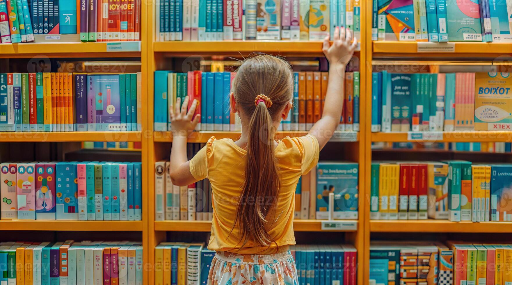 A little girl is reaching for books on a shelf photo