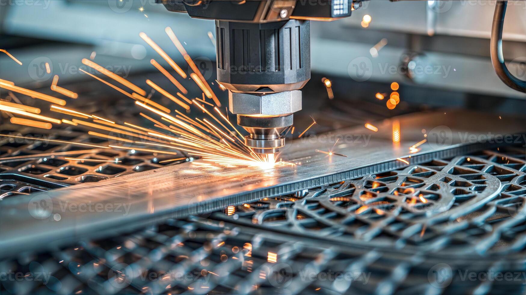 A machine is cutting metal with sparks photo