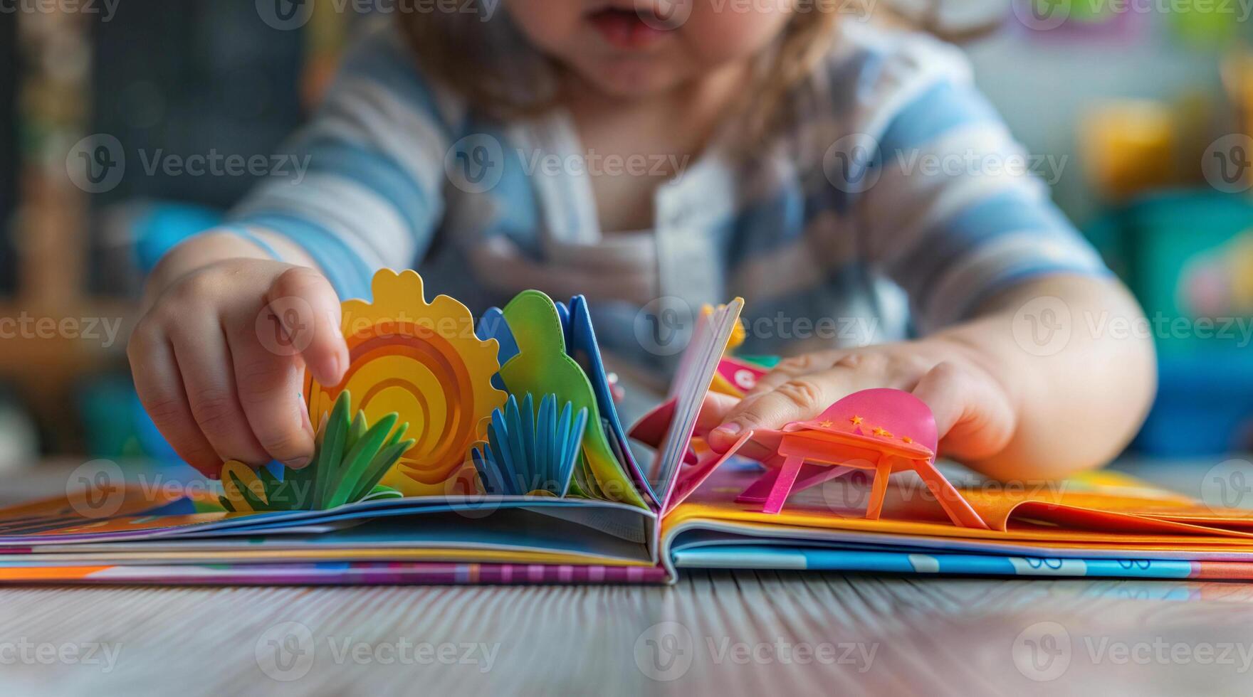 A child is playing with a colorful book photo