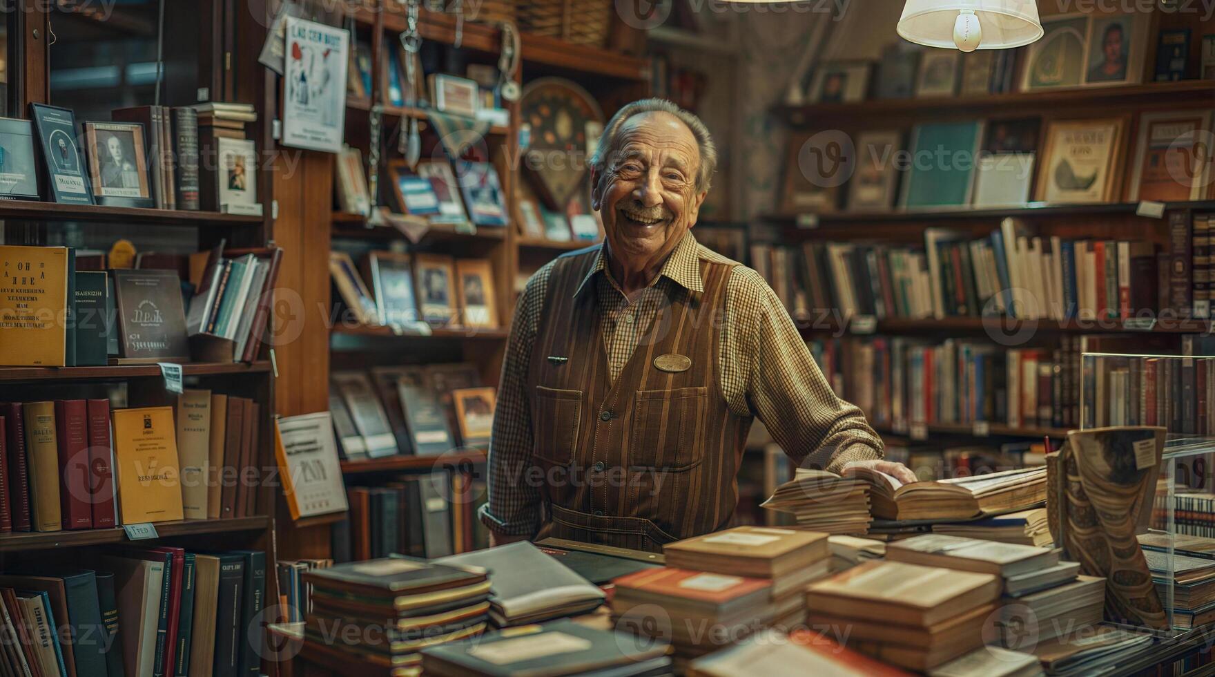 An old man is standing in front of a book shelf photo