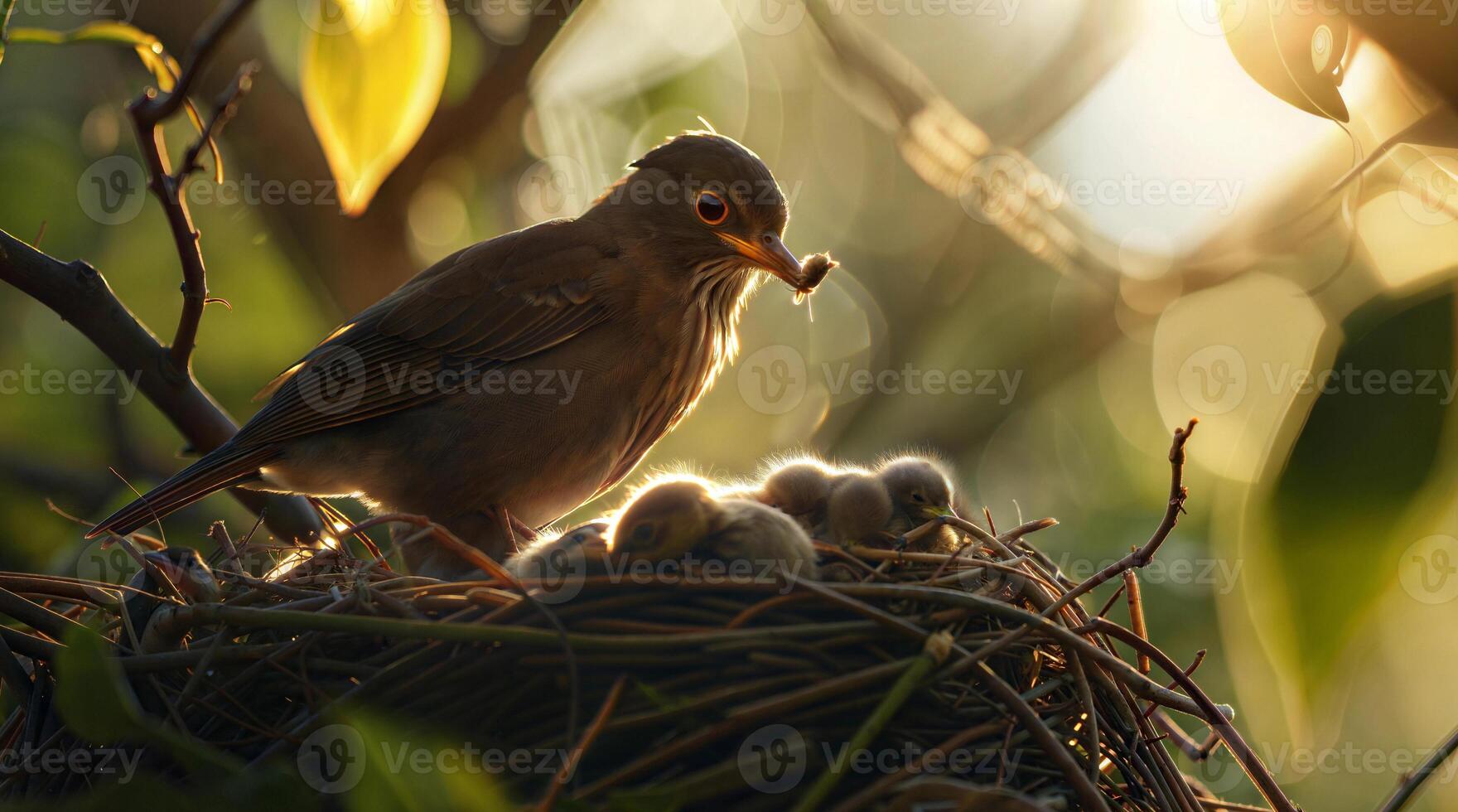 A bird is sitting on a nest with its babies photo