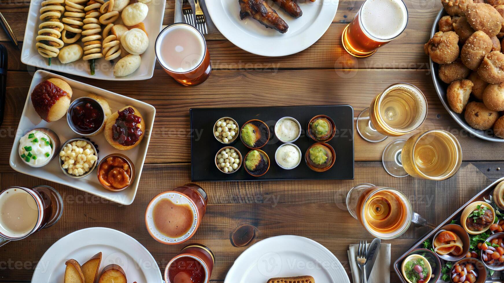 A table with many plates of food and drinks photo