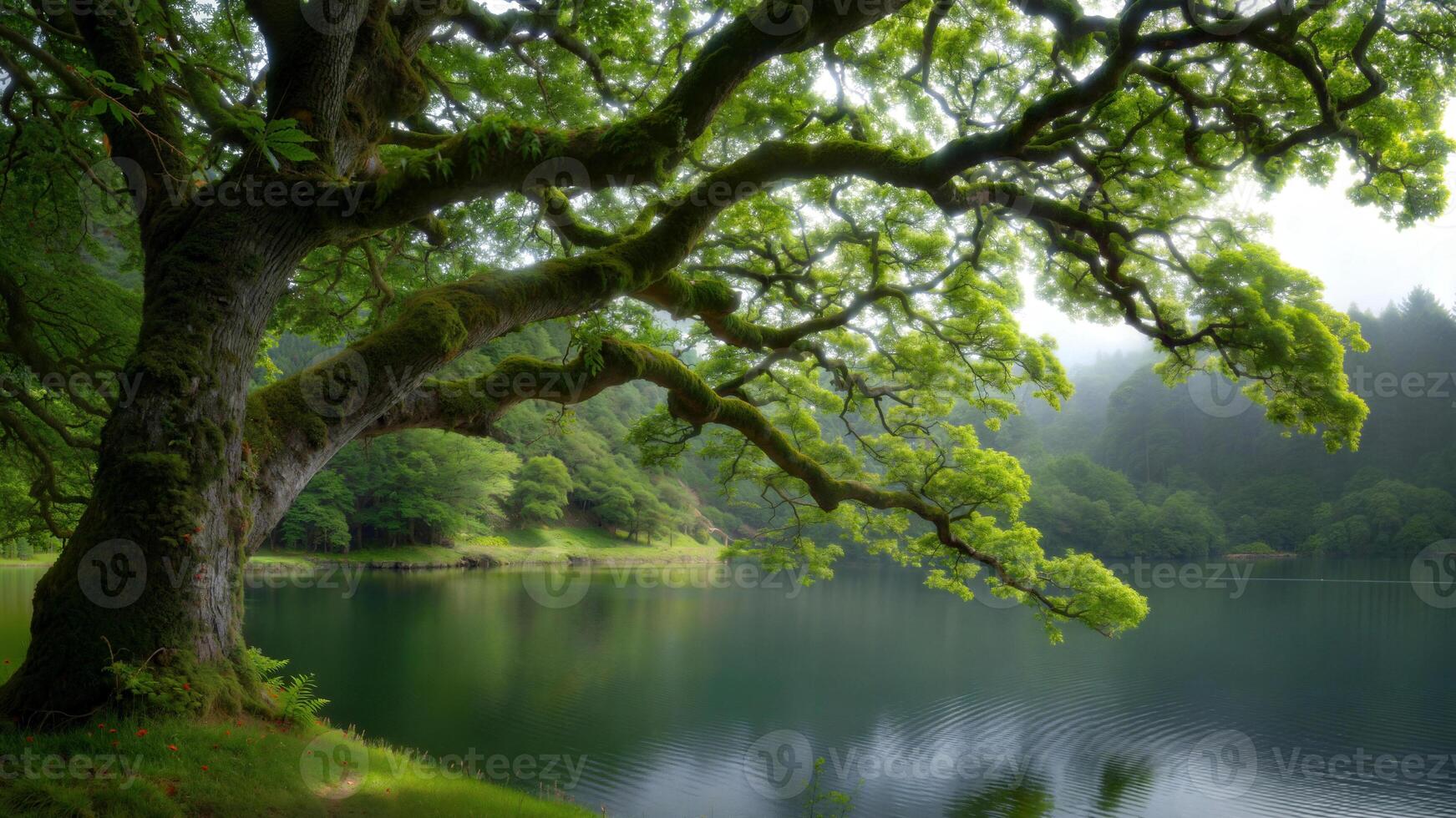 A tree is sitting on the edge of a lake photo