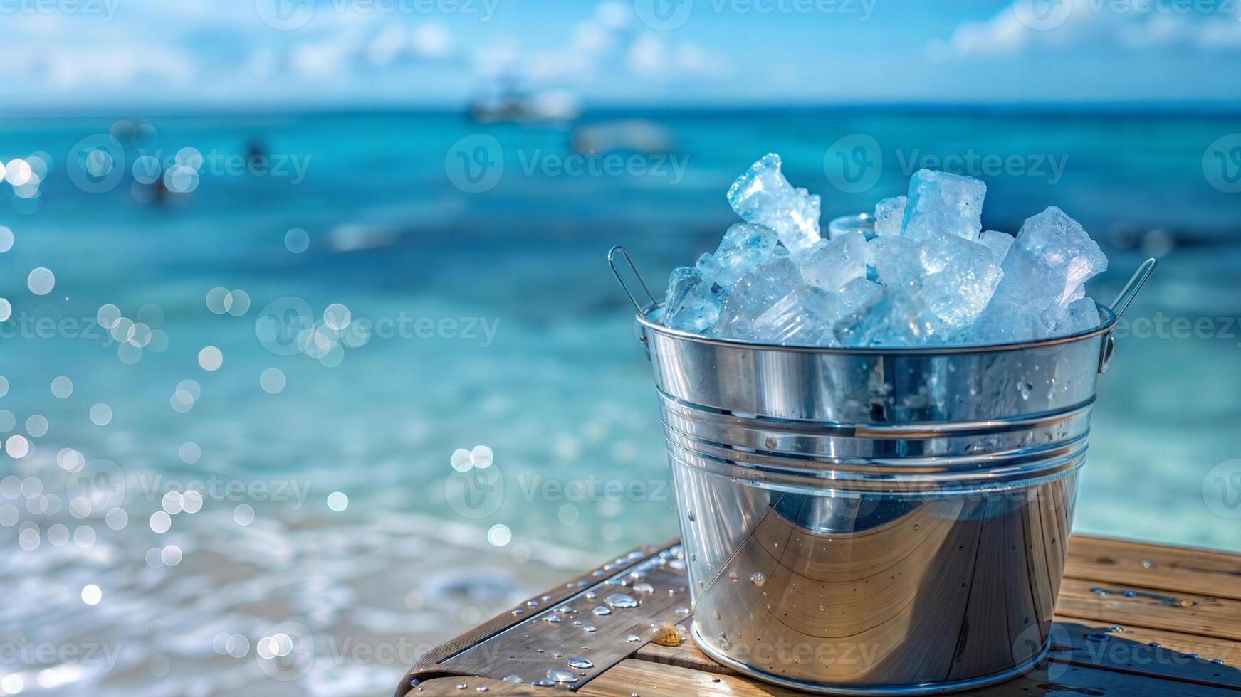 A bucket of ice sitting on a wooden table near the ocean photo