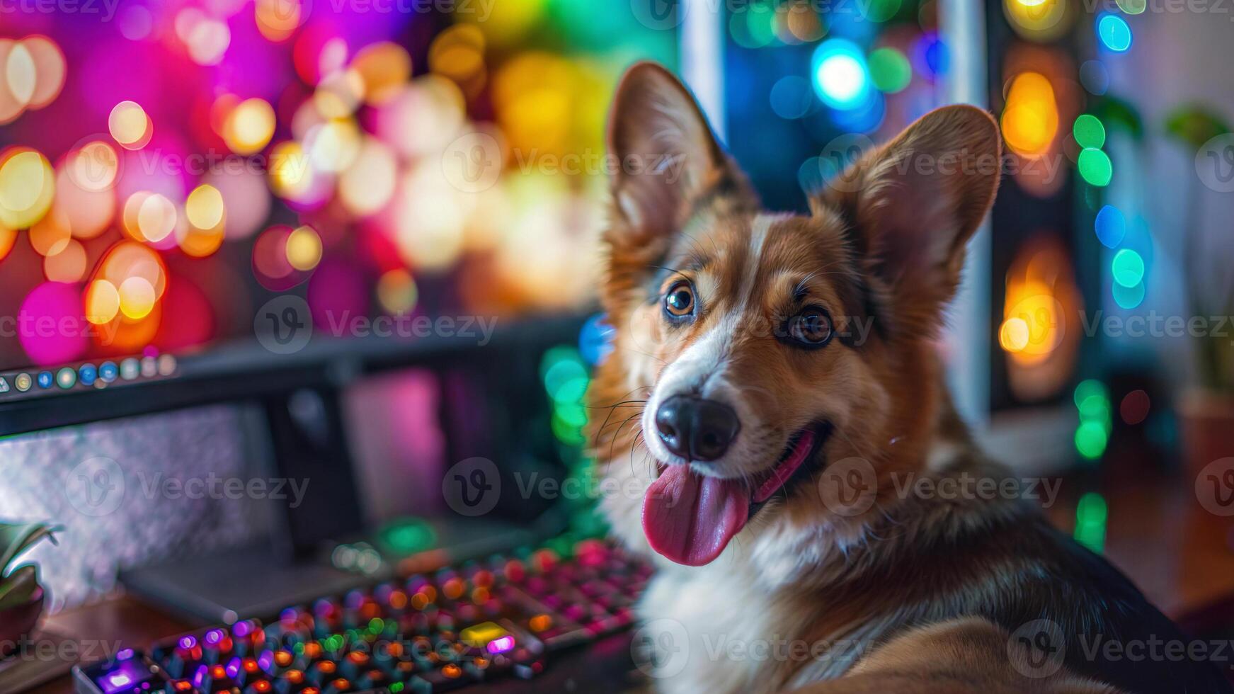 A dog sitting in front of a computer photo