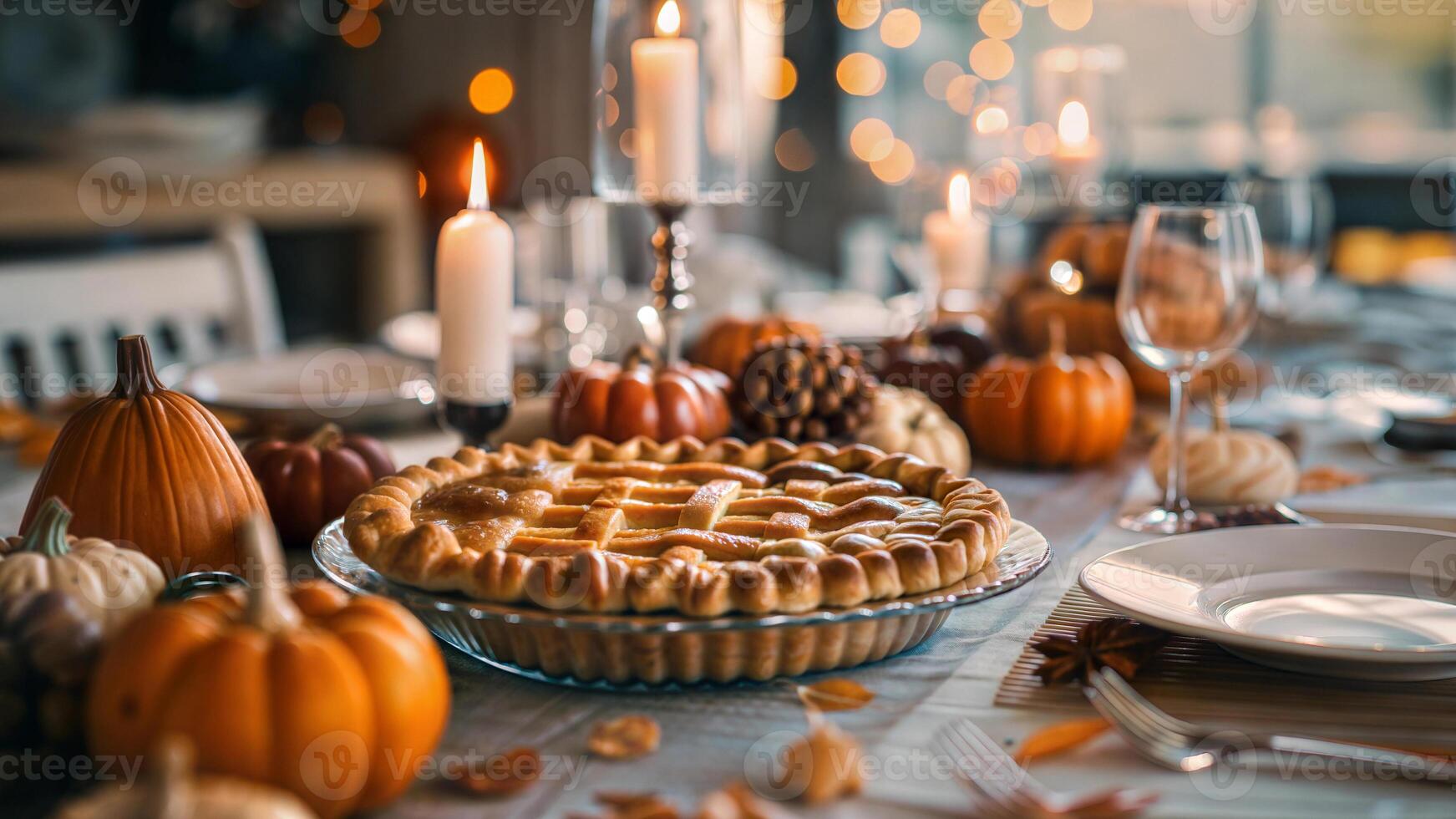 A table set for thanksgiving with pumpkin pie and candles photo