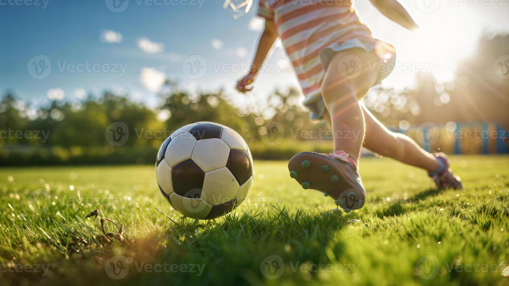 A child kicking a soccer ball on a grassy field photo