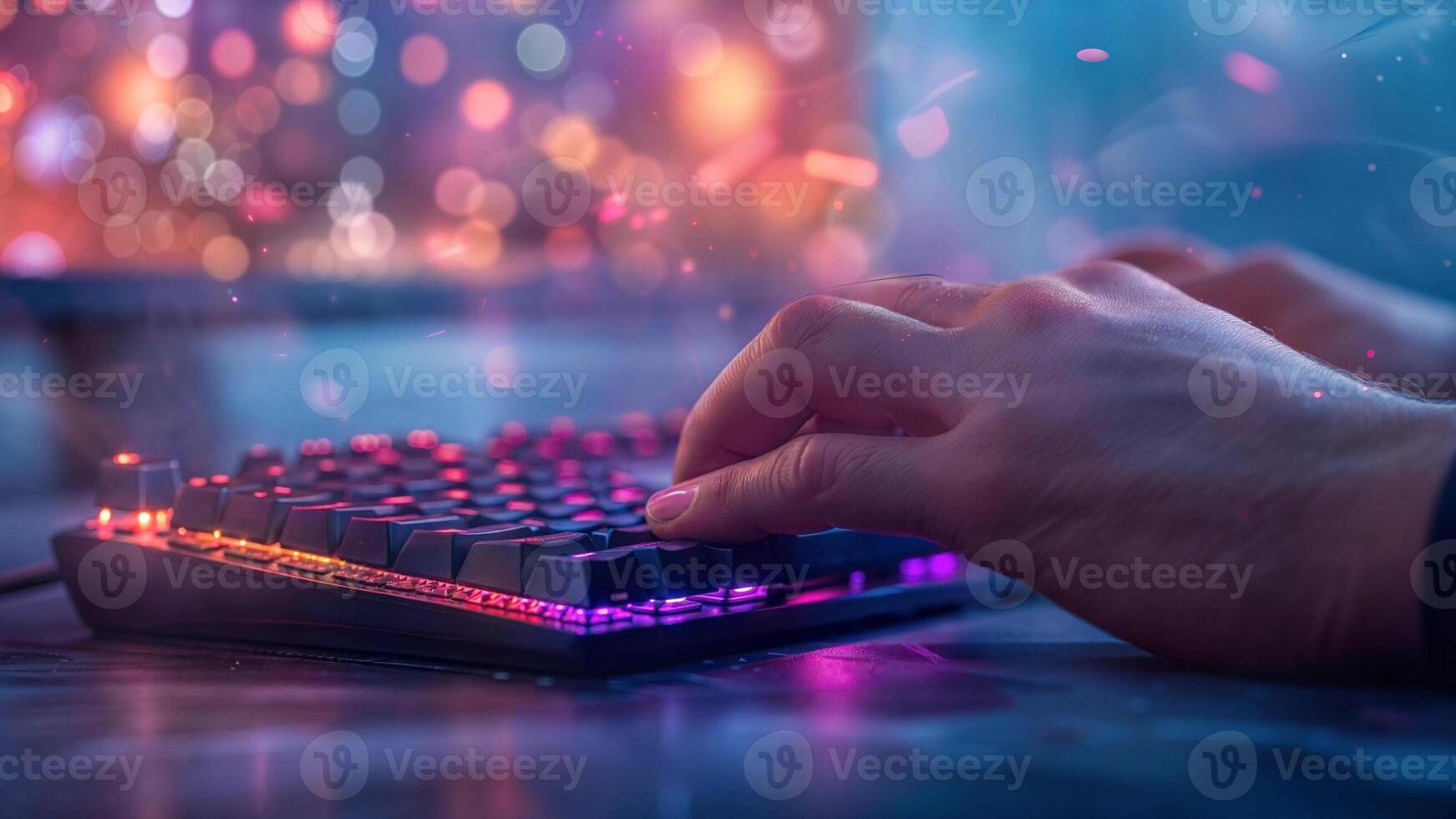 A person is using a computer keyboard with colorful lights photo