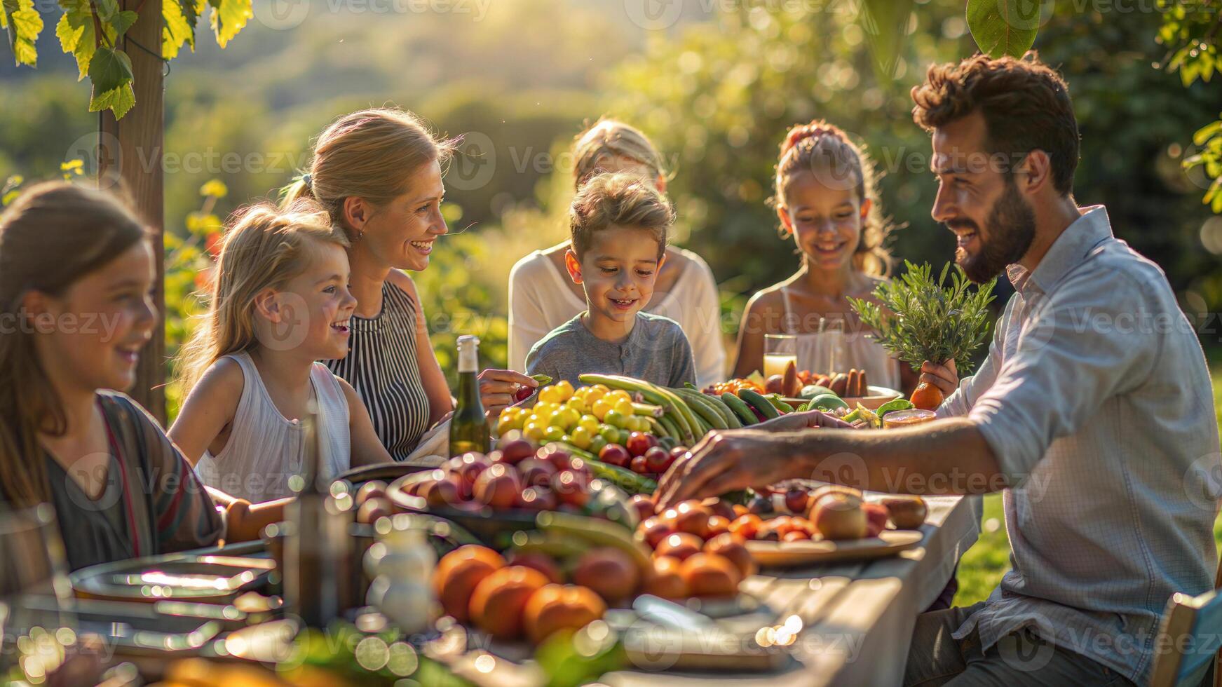 A family is sitting around a table with fruit and vegetables photo