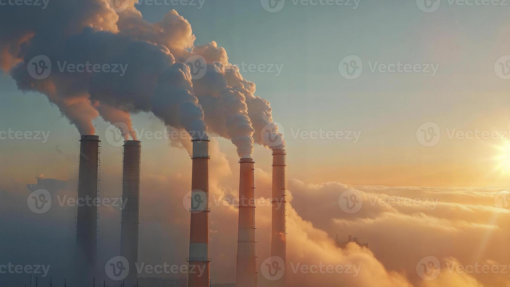 The sun is shining over a factory with smoke coming out of the chimneys photo