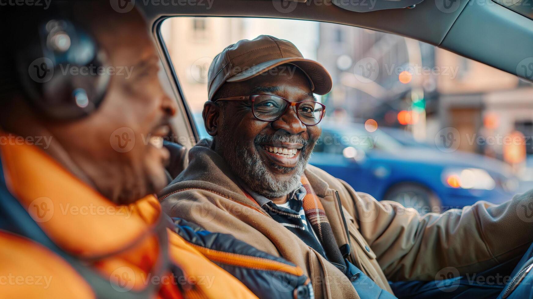 Two men in a car smiling and talking photo