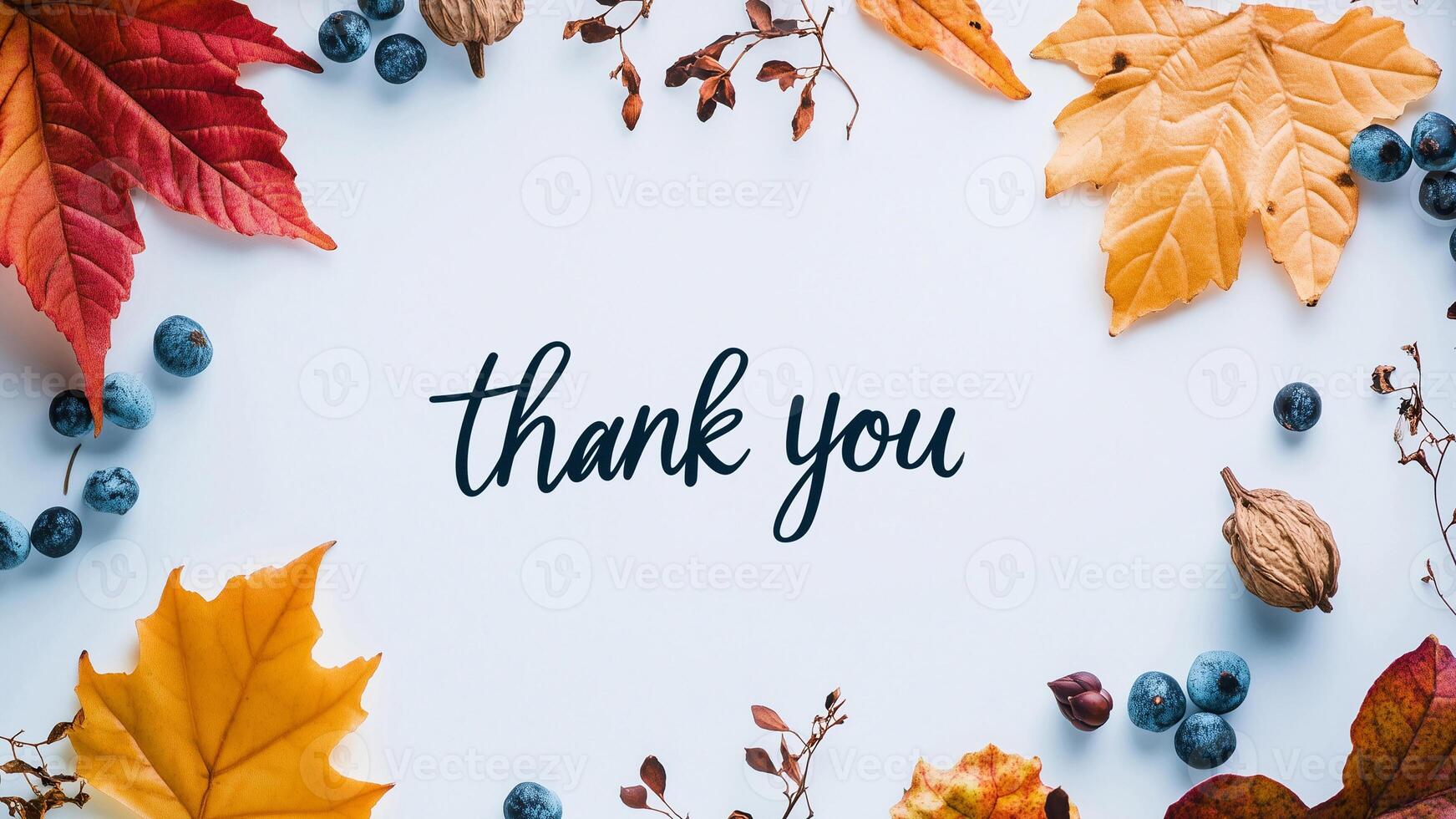 Autumn leaves and berries on white background with thank you text photo