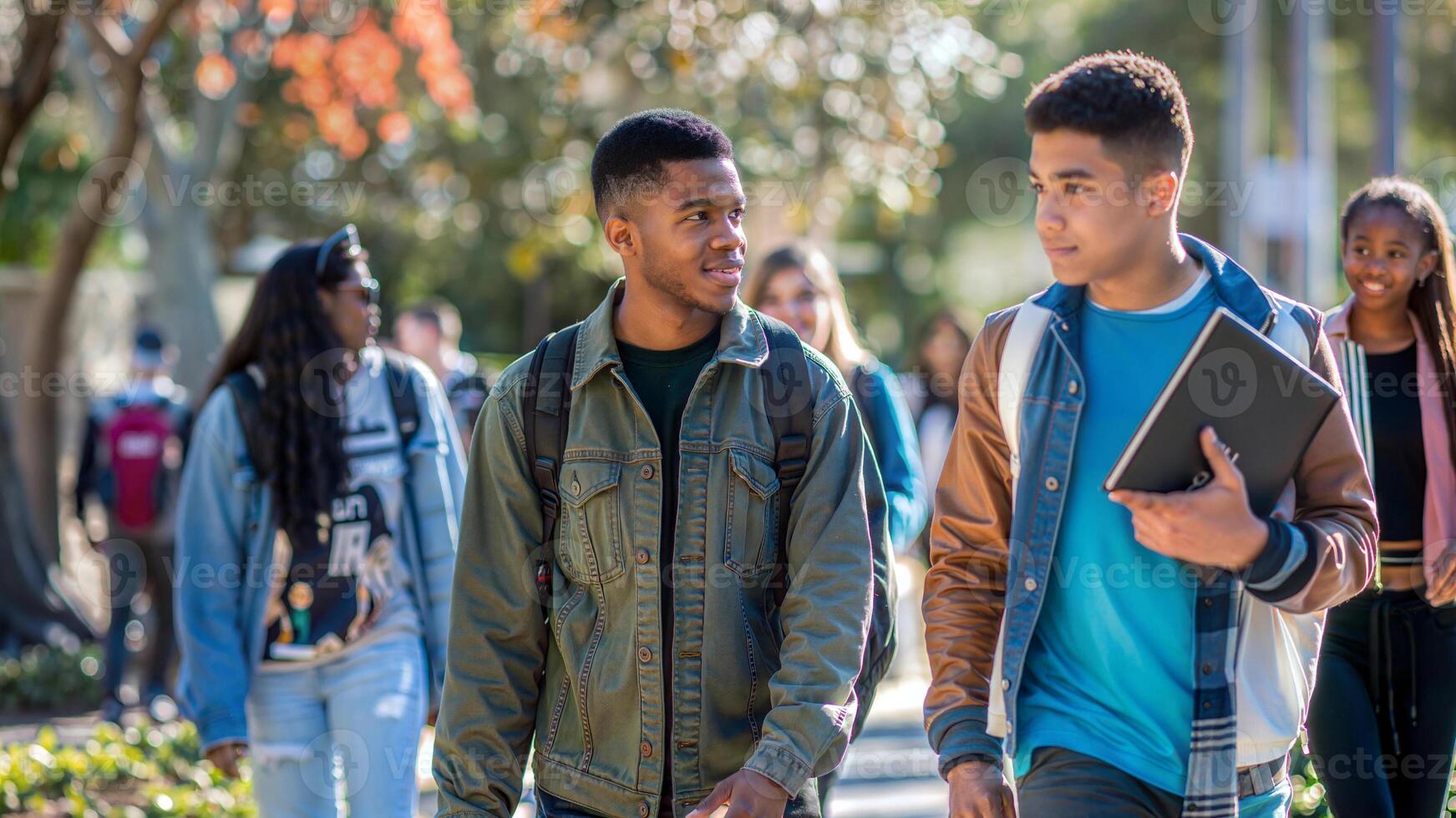 Two young men walking on a sidewalk together photo