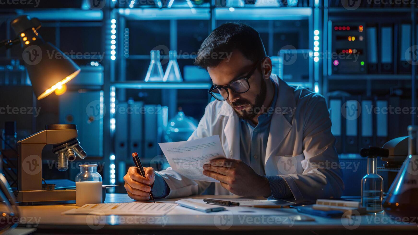 A man in a lab coat is working on a document photo